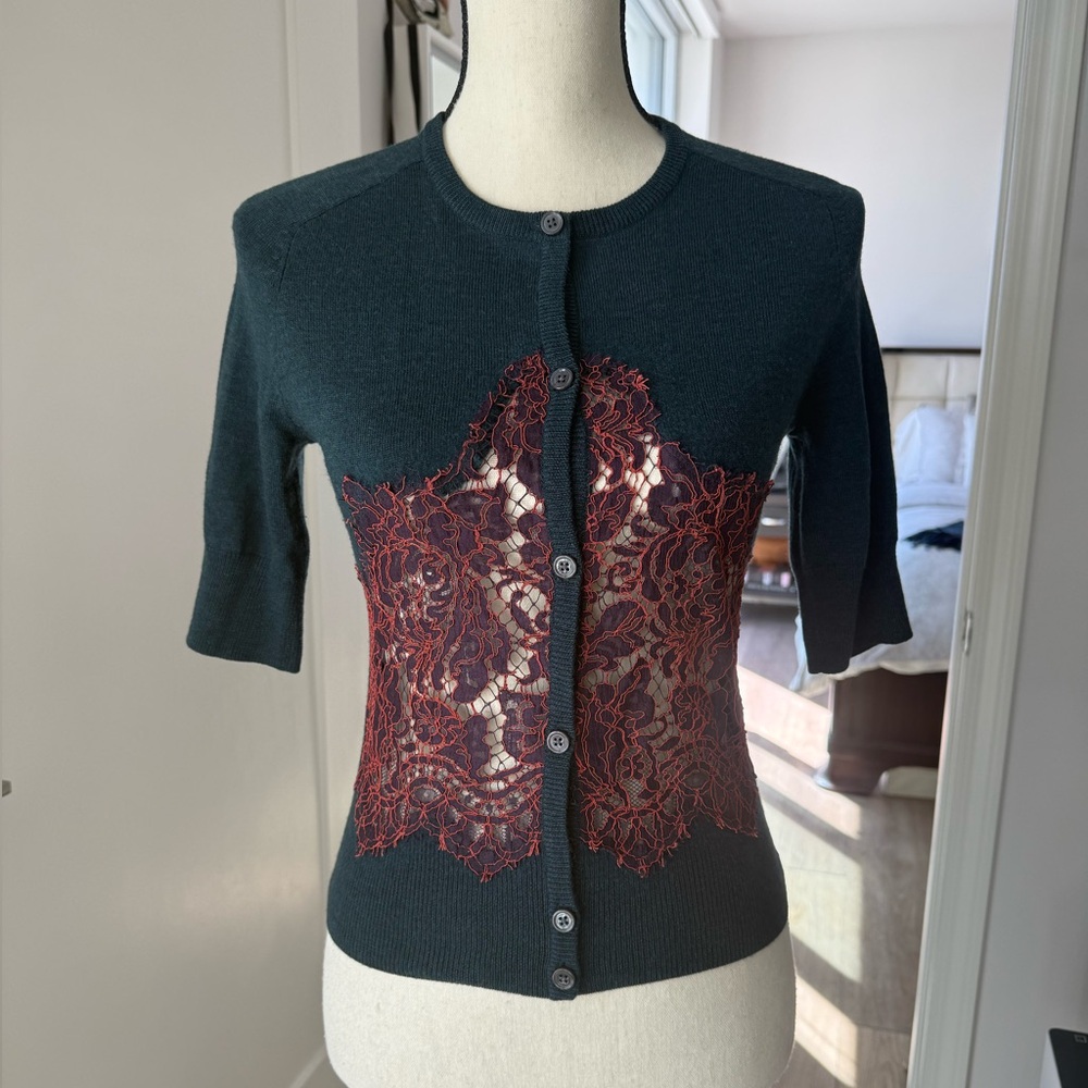 Carven Wool Cardigan Lace Panel Green Short Sleeve S - Picture 2 of 12